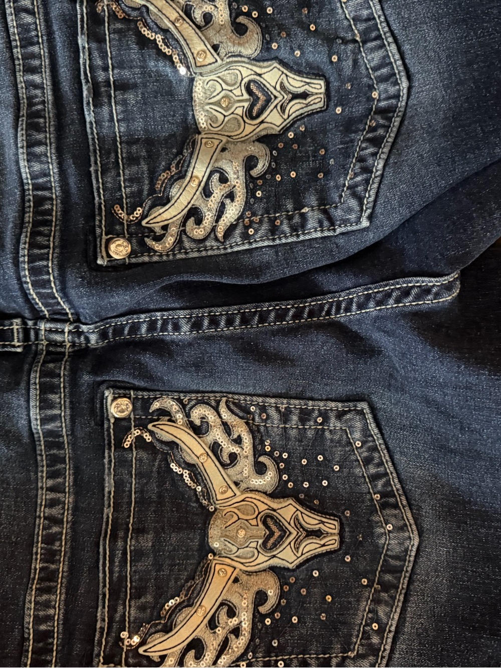 Lotus By Miss Me Dark Blue Bootcut Jeans with Embroidered Winged Skull Pockets - Picture 2 of 4